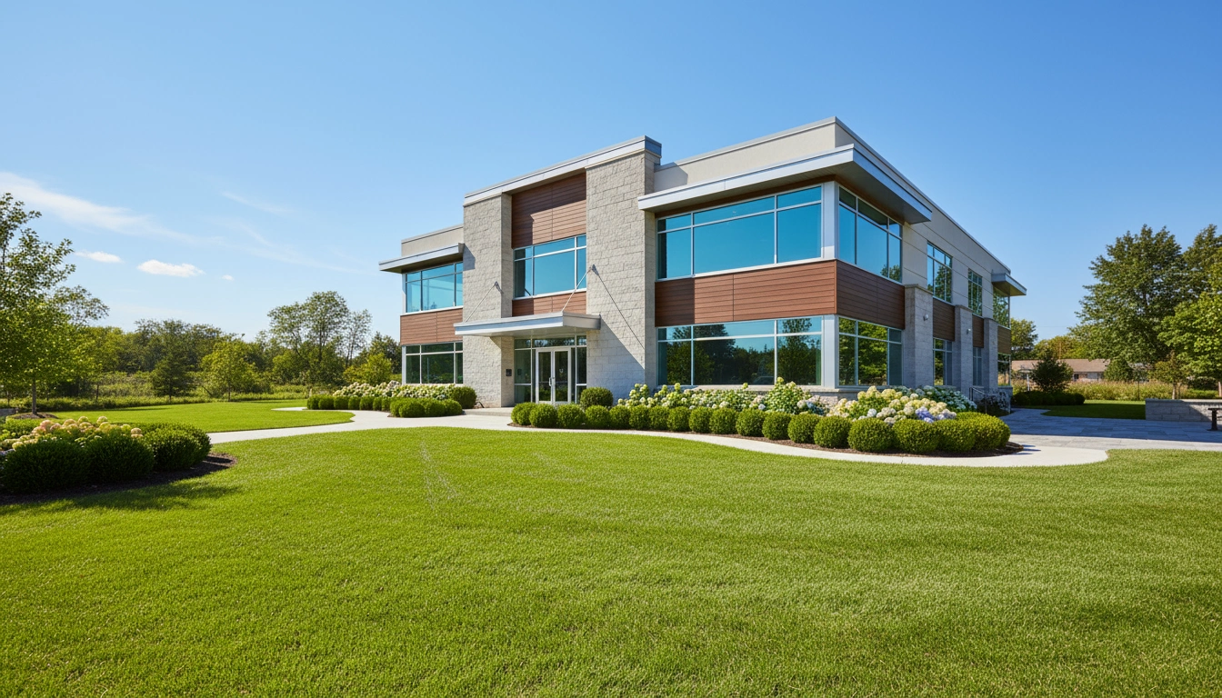 A professional DSLR photo of a commercial property exterior with landscaped grounds in Southwestern Ontario at midday.