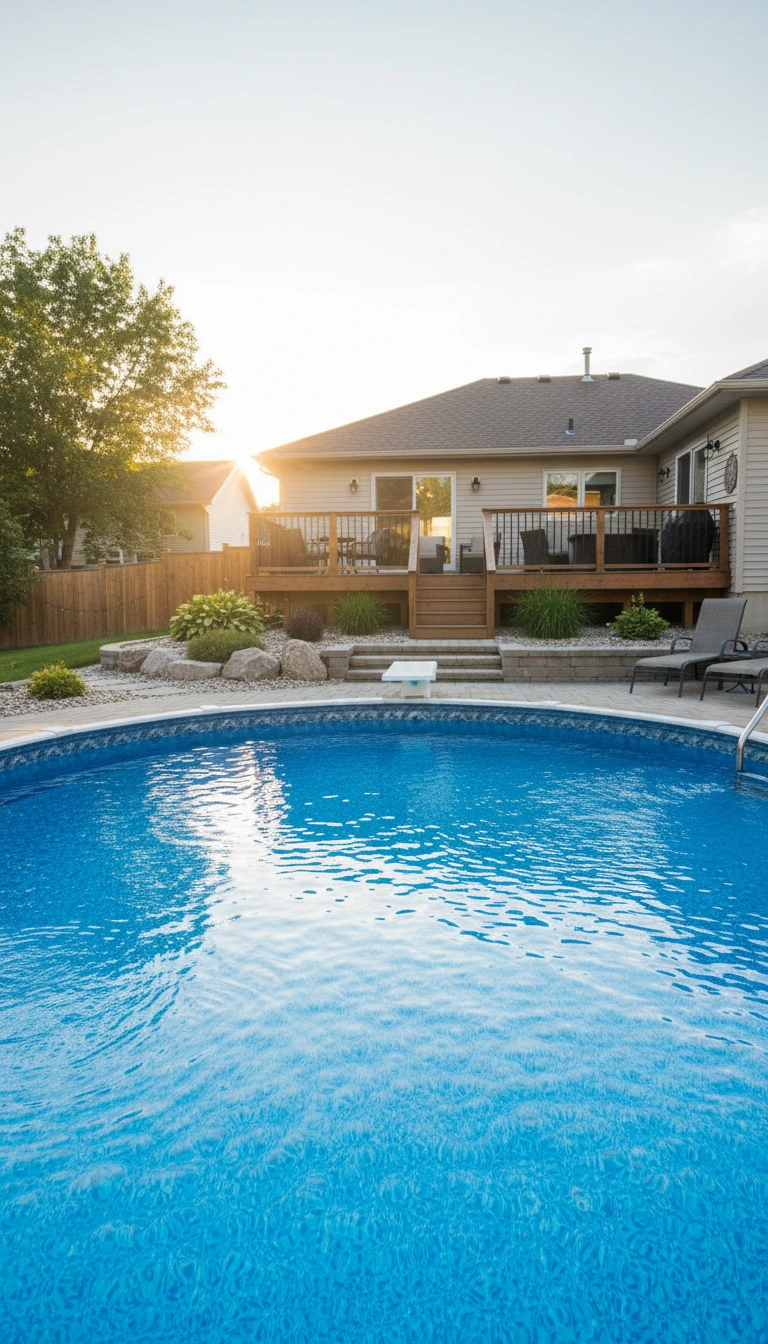 Sparkling above-ground pool with clear blue water in a Southwestern Ontario backyard.