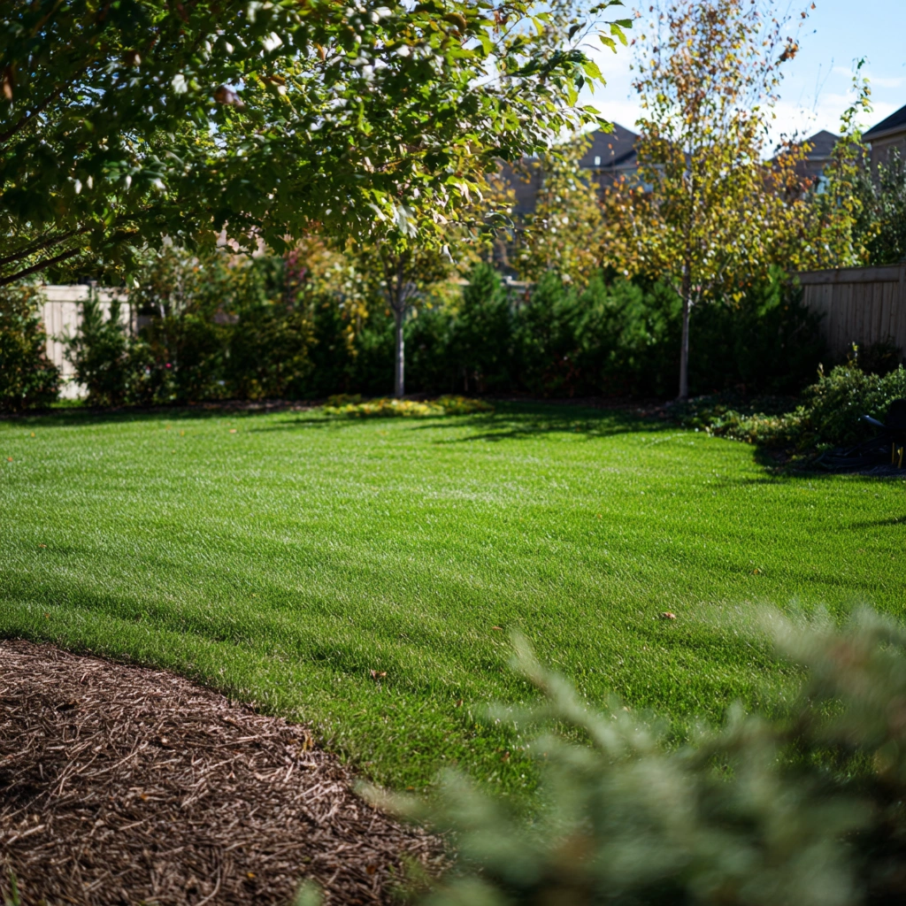 A professional DSLR square photo of a residential yard with a mowed lawn, clean mulch bed, and trimmed shrubs in Southwestern Ontario at midday.
