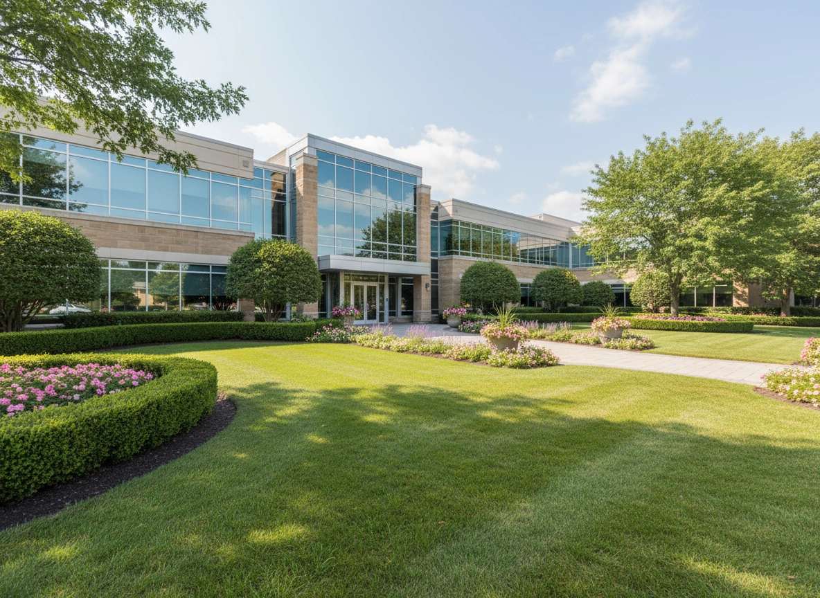 Neatly maintained lawn outside a commercial business in Southwestern Ontario.