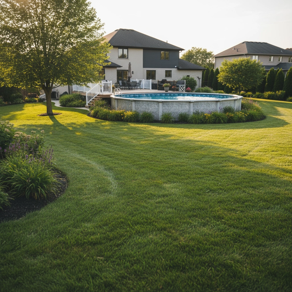 Southwestern Ontario home with above-ground pool, manicured lawn, and tidy landscaping.